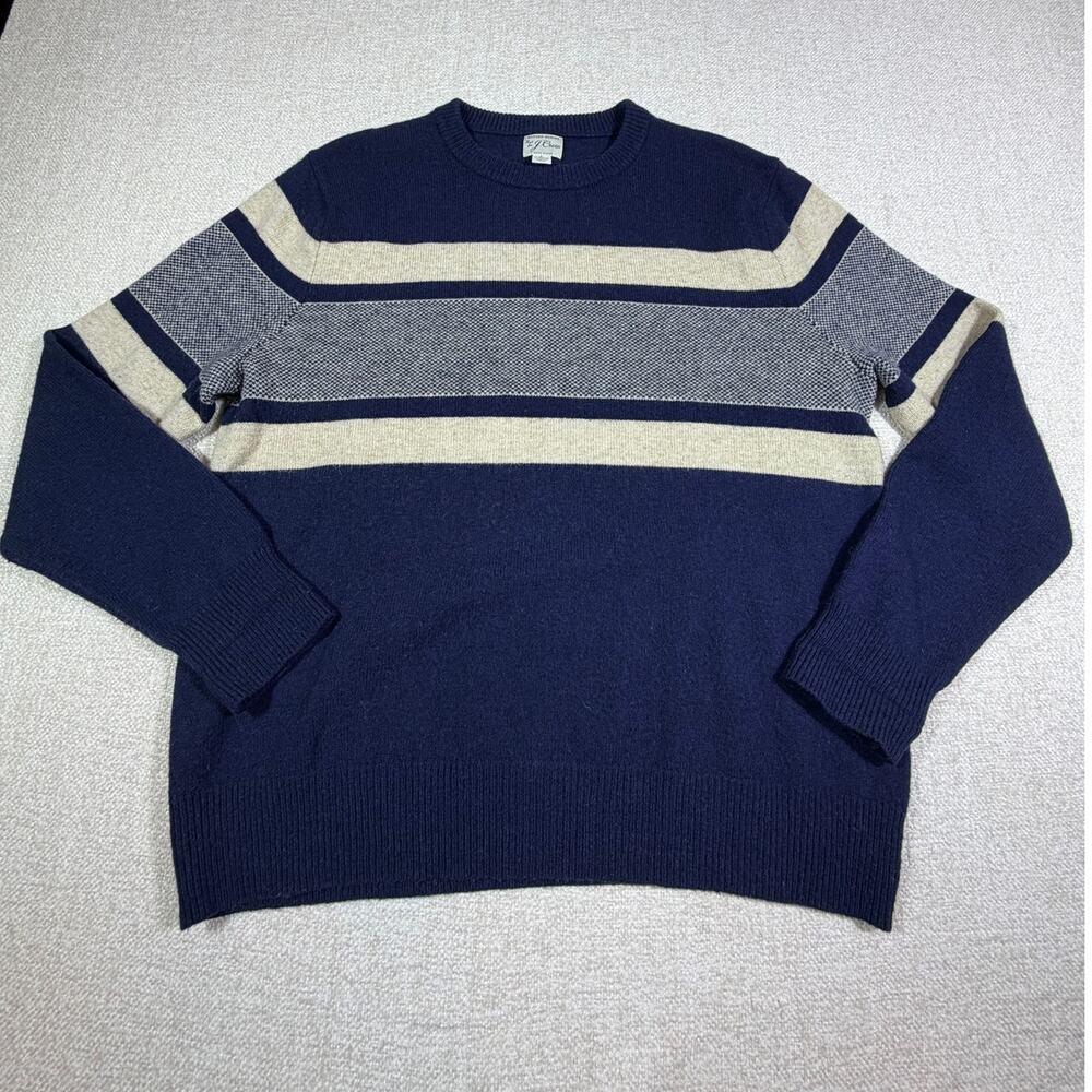 J Crew Men Large Blue Tan Rugged Merino Wool Blend Long Sleeve Preppy Sweater